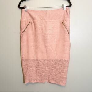 Bebe Women's Wide Waistband Zipped Pockets Straight Pencil Lace Skirt Pink Large